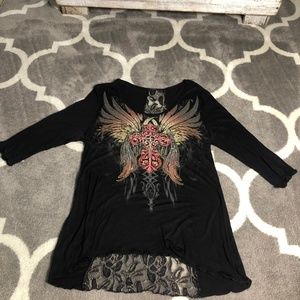 Angels & Diamonds Top Womens Medium Black Embellish Wings Cross Embroidered Lace